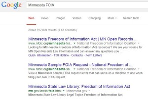 screen capture of a search in Google for "Minnesota FOIA." Shows top three results.
