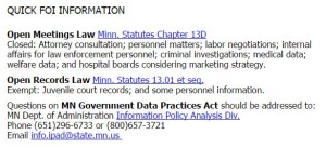 Screen capture including the citations to the Minnesota Open Meetings Law and the Open Records Law