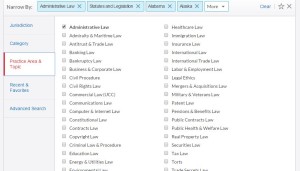 screen capture of the Lexis Advance practice area tab